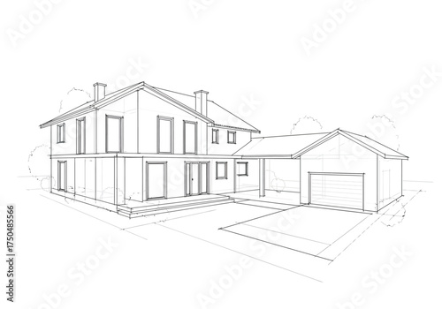 Architectural Sketch of a Two-Story House with Garage and Carport.