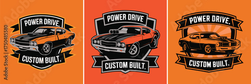 Muscle car badge collection with power drive custom built text, retro automotive illustration for garage emblem and t shirt design