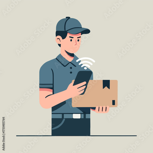 Flat Illustration of Delivery Man Holding Package and Using Mobile Phone for Connection