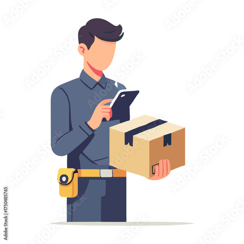 Flat Illustration of a Delivery Person Holding a Cell Phone and Package Box with a White Background