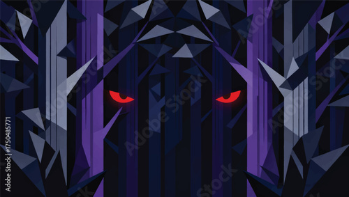 Illustration Of A Dark Forest With Red Eyes Glowing From Behind The Trees Vector Design Template