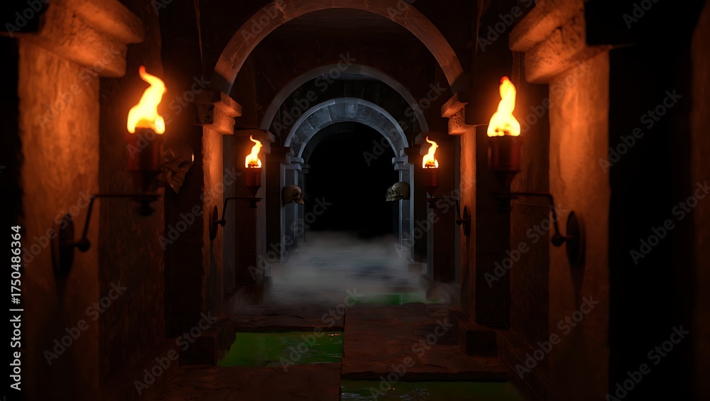 Fototapeta premium Dark Corridor with Blazing Torches and Eerie Fog