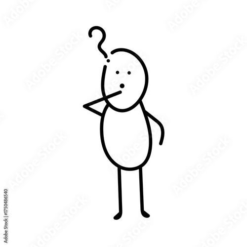 Confused stick figure with question mark above head. Hand drawn doodle character illustration symbolizing doubt, curiosity, or thinking concept. Vector design