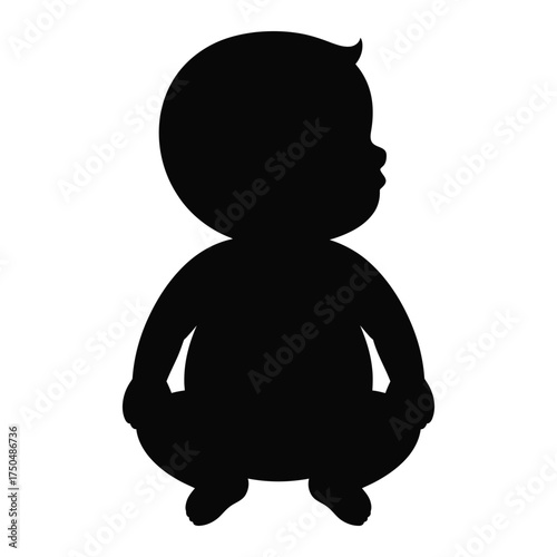 Silhouette of a plump baby sitting with its head turned to the side looking forward