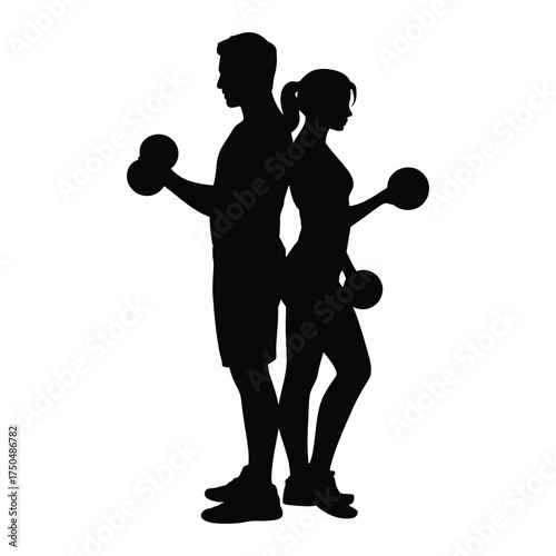 Silhouettes of a man and woman exercising with dumbbells for fitness and strength training