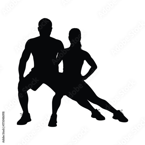 Silhouette of a man and woman performing a dynamic side lunge exercise together