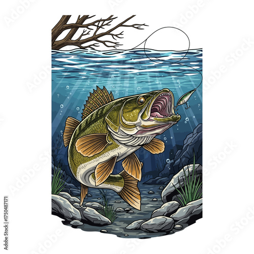 walleye fish hunting a lure underwater lake river fishing illustration