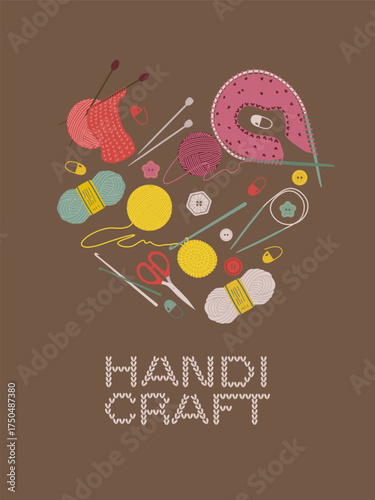 Vector illustration showcasing various handicraft tools and yarn in a creative arrangement. Features knitting needles, scissors, and buttons for art and craft enthusiasts.