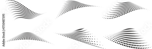 Abstract 3D wave dot patterns create dynamic motion and futuristic depth. Modern black gradient halftone design ideal for digital art and backgrounds. Perfect for tech, web, or print visuals.