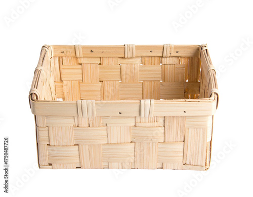 Open, empty rectangular basket with woven light wood construction