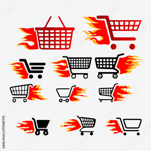 Hot deals and fast shopping with vibrant flaming shopping carts, perfect for promoting speedy delivery and exclusive offers, drive sales with eye-catching visuals