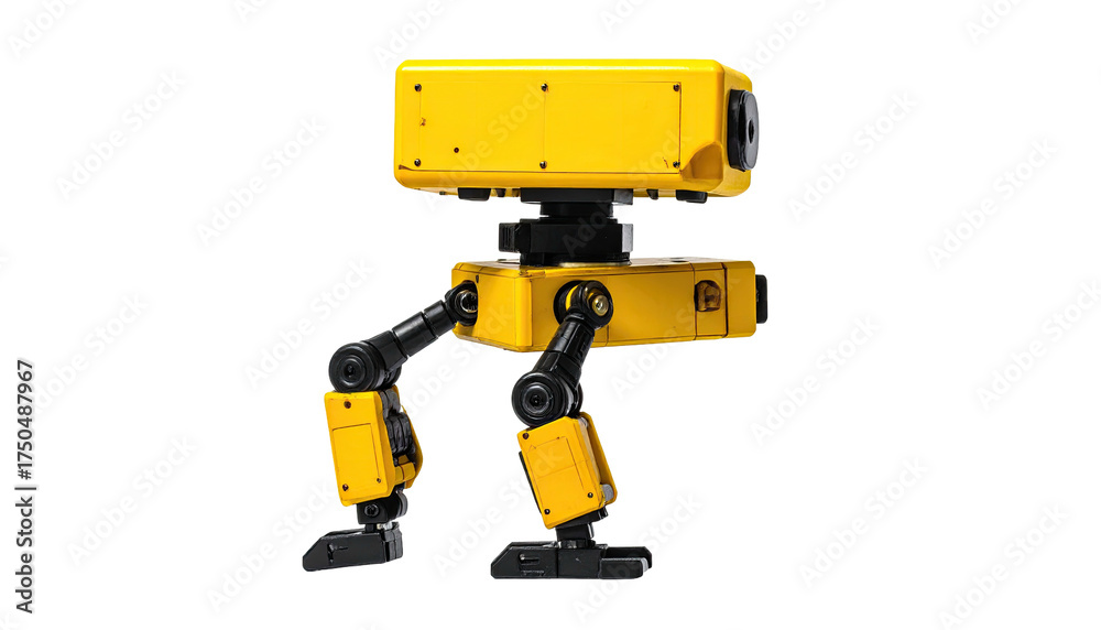 Fototapeta premium A yellow robot with legs, boxes, and multiple joints. Stands against a black background