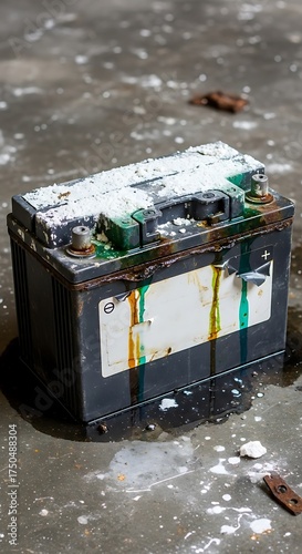 Damaged Car Battery Leaking Acid on Concrete Surface.