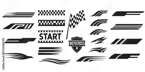 Motorcycle silhouette starting, streps, flag, formula icon etc isolated on transparent background