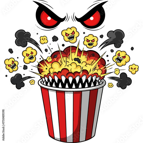 A monstrous form of popcorn with a scary face and teeth, which is a hilarious or explosive movie, action-packed, cinematic night food theme artwork, digitally drawn, fun or horror event graphics.