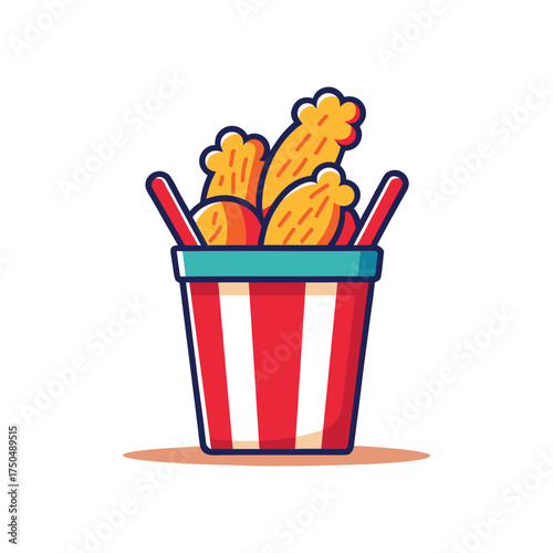 Cute vector illustration of a striped takeaway bucket filled with crispy fried chicken drumsticks. Bright flat colors, bold outline; fast food icon isolated on white, perfect for menus, branding, pack