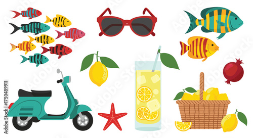 A collection of summer vacation symbols and tropical elements.