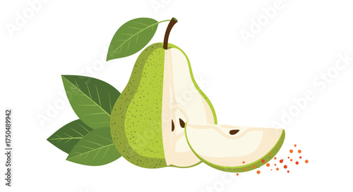 Green pear fruit with leaves and spices on a white background.