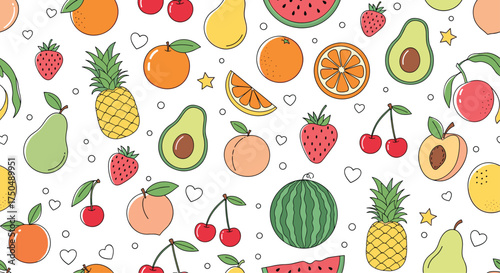 A vibrant assortment of juicy fresh fruits in a playful pattern.