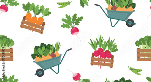 A seamless pattern of fresh garden vegetables and harvest bounty.