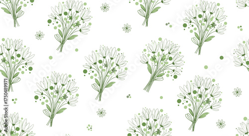 A repeating pattern of delicate green wildflowers and small dots.