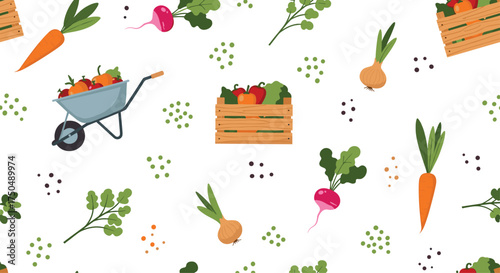 A delightful collection of fresh vegetables and gardening tools.