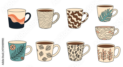 A collection of eight stylish mugs with various artistic patterns.