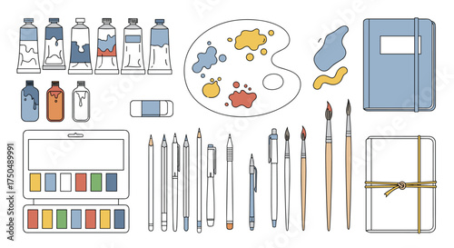 An assortment of art supplies including paints brushes and a sketchbook for creativity.