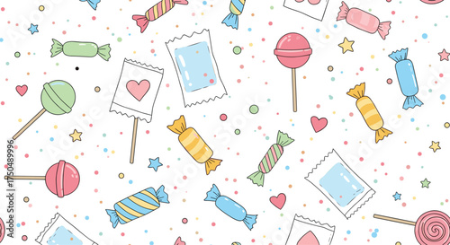 A sweet and colorful assortment of candies and party elements.