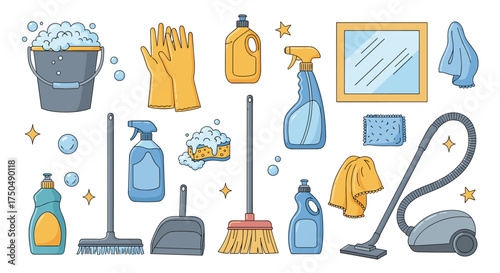 Essential household cleaning supplies and tools for a sparkling home.
