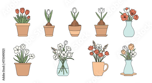 A collection of potted and vase flowers in spring colors.