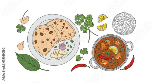 Delicious Indian dishes featuring curry and flatbread with fresh herbs and spices.