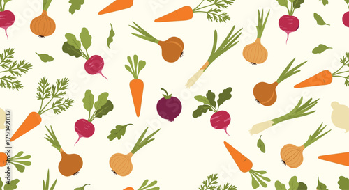 A delightful array of fresh root vegetables including carrots radishes and onions scattered across a light background.