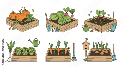 Raised garden beds showcasing a variety of vegetables and fruits.