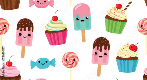 A delightful seamless pattern of cute kawaii sweets including ice cream pops cupcakes and lollipops.