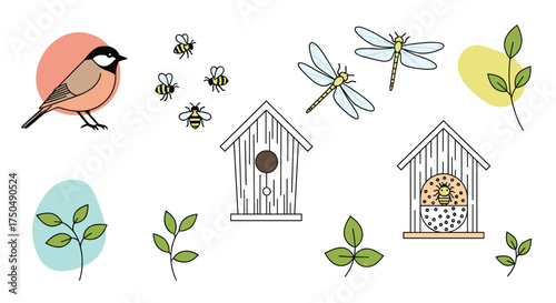 A charming collection of springtime elements with birds and insects.