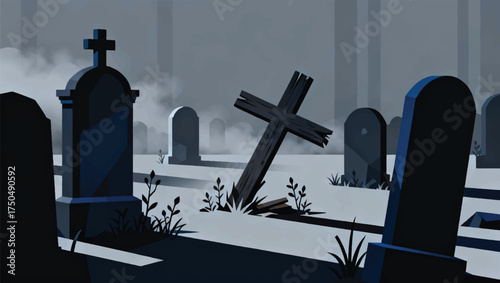 Illustration Of A Foggy Graveyard With Ancient Tombstones, Broken Crosses, And A Tense Atmosphere Vector Design Template