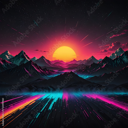 Neon Horizon: A stunning neon landscape features a vibrant sunset casting its glow over majestic mountains and a futuristic road, symbolizing endless possibilities and technological advancement.