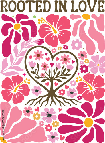 Rooted In Love - Boho Valentine Illustration, Valentine's Day Shirt Clipart, Boho Floral Valentine, Romantic Valentines Quote, Boho Floral Graphic

