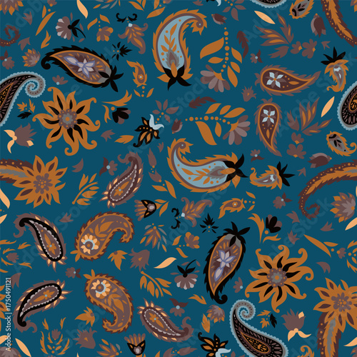 Teal Golden Paisley Garden Pattern