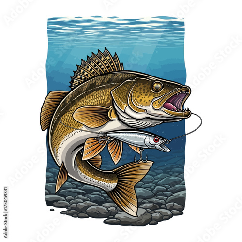 walleye fish hunting a lure underwater lake river fishing illustration