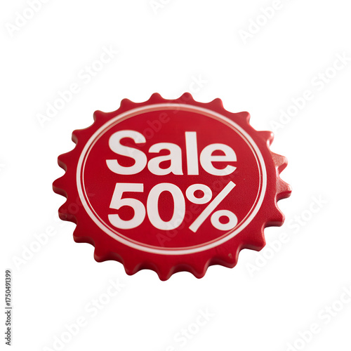 Red “SALE -50%” Badge Isolated on White Background – Discount Label, Promotion Tag, and Marketing Design Element for E-commerce and Advertising