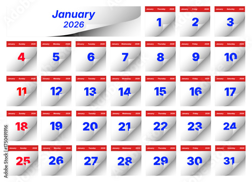 January 2026 calendar isolated on white background, featuring all 31 days with a clean and modern design, perfect for planning and scheduling events