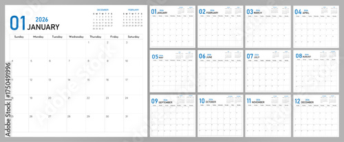 Daily planning calendar demo 2026 starting with Sunday | Modern planner diagram for daily activities with one month largely clear representation | Blue vector illustration