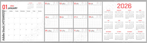 2026 Calendar Planner | Vector annual or monthly page layout for wall, desk calendar with week starts on Sunday | Daily routine note able calendar with red and black font color