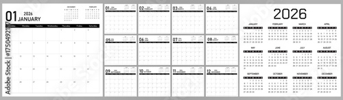 2026 Calendar Planner | Vector annual or monthly page layout for wall, desk calendar with week starts on Sunday | Daily routine note able calendar with black color background step on title
