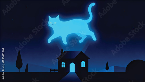 Illustration Of A Blue Glowing Ghost Cat Floating Above A Haunted House Vector Design Template