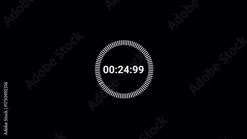 30 seconds countdown animation with transparent background, countdown timer from 30 seconds to 0 with minute, seconds and milliseconds, thirty seconds countdown timer with alpha channel in 4k.	