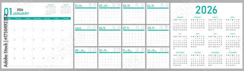 2026 Calendar Planner | Vector annual or monthly page layout for wall, desk calendar with week starts on Sunday | Daily routine note able calendar with turquoise color