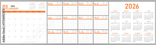 2026 Calendar Planner | Vector annual or monthly page layout for wall, desk calendar with week starts on Sunday | Daily routine note able calendar with orange color